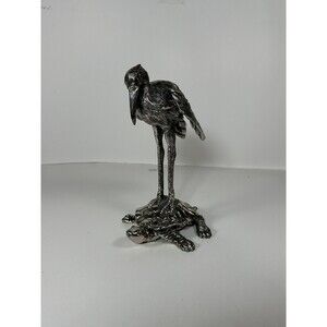Vintage Silver Plate Crane  Standing Turtle Art Deco Figurine Paperweight Brass